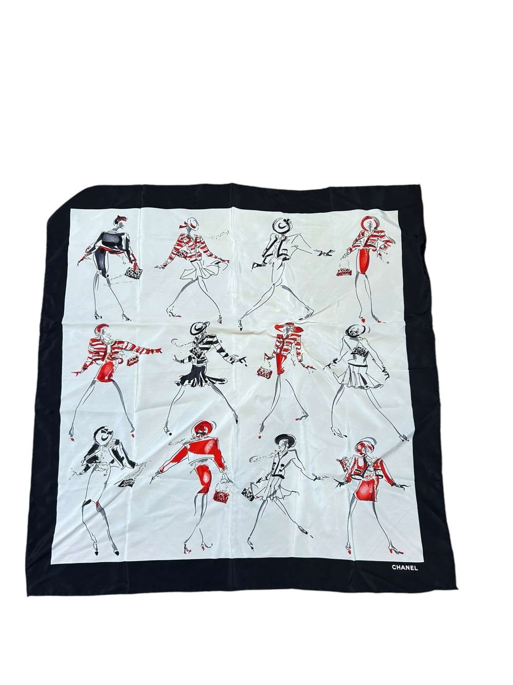 Vintage Chanel silk scarf fashion ladies 80s 90s square sketch illustration